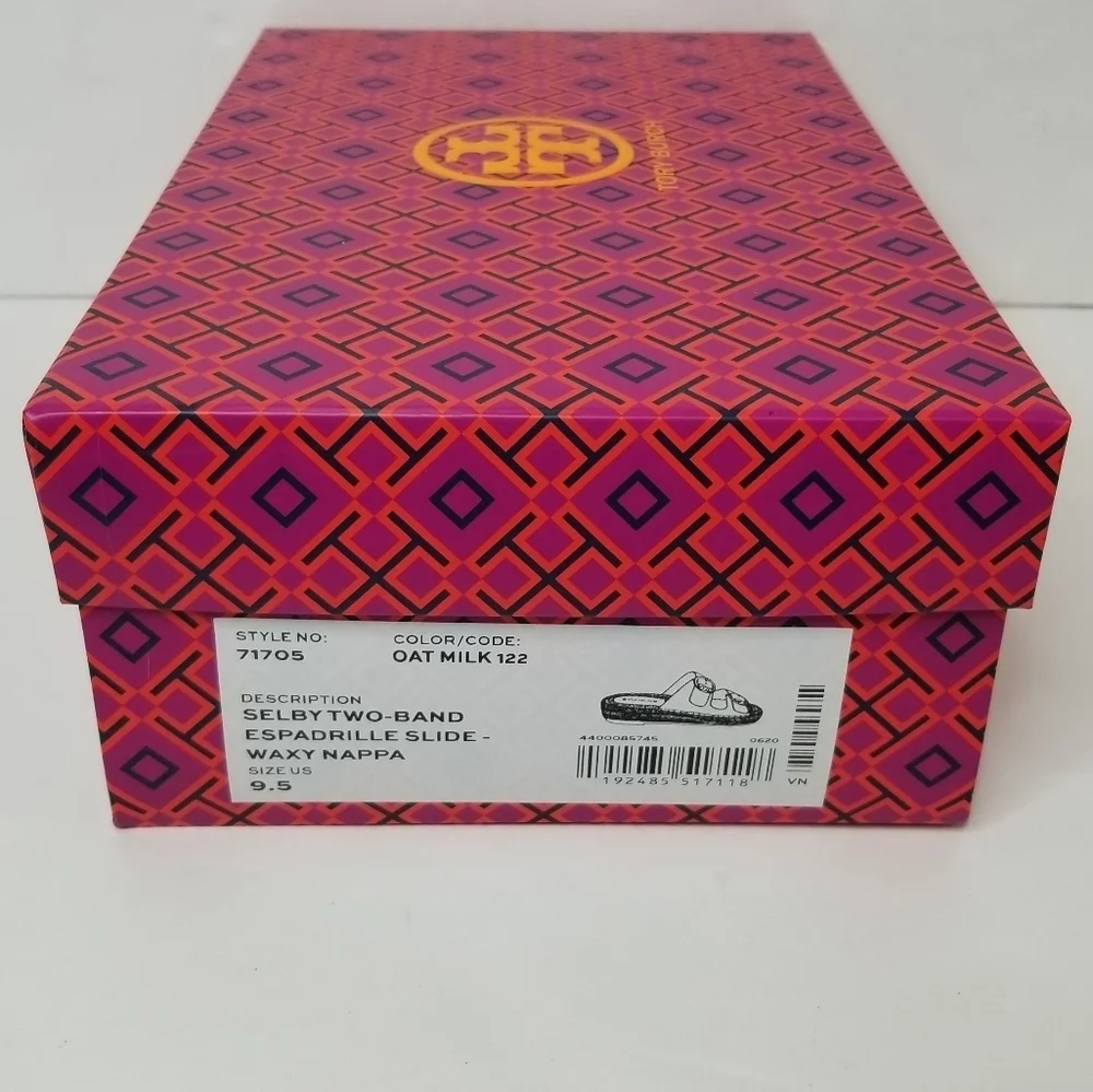 Tory Burch Selby Cream Leather Two Band Espadrille Slides